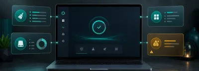 Generic PC maintenance dashboard with cleanup, storage, startup, and registry-caution cards