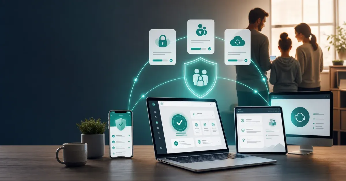 Family and mixed-device household connected through a calm teal security hub
