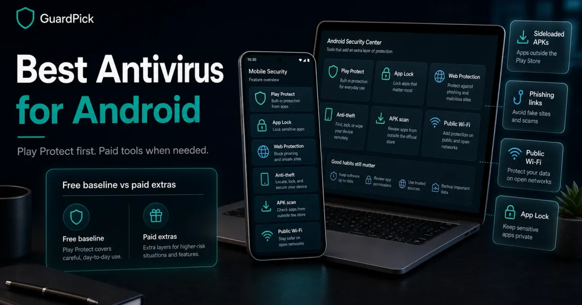 GuardPick hero image for best antivirus for Android showing a premium phone and laptop with Play Protect, App Lock, APK scanning, phishing, and public Wi-Fi decision cards