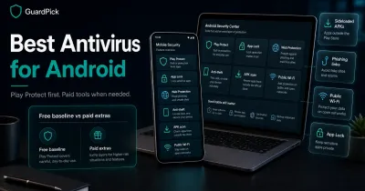 GuardPick hero image for best antivirus for Android showing a premium phone and laptop with Play Protect, App Lock, APK scanning, phishing, and public Wi-Fi decision cards