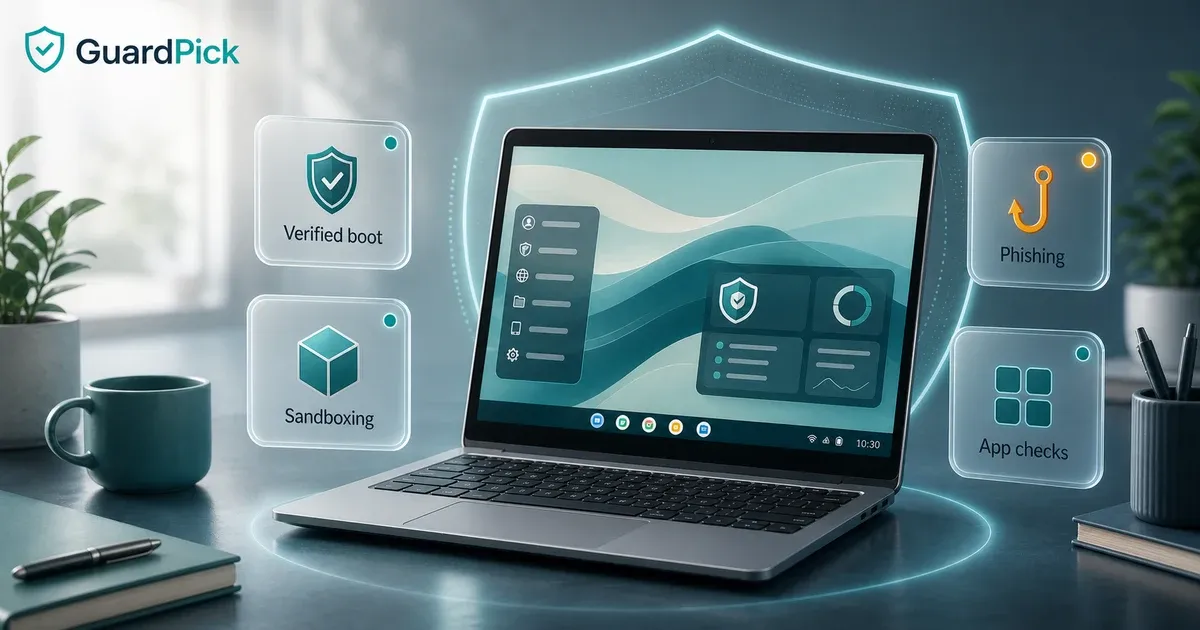 Premium GuardPick hero image showing Chromebook-style security concepts with verified boot, sandboxing, phishing, and app check cards.
