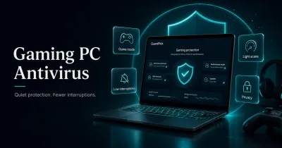 Premium GuardPick hero image showing a gaming PC protected by quiet antivirus controls and low-interruption security cards.