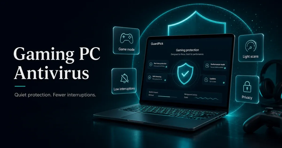 Premium GuardPick hero image showing a gaming PC protected by quiet antivirus controls and low-interruption security cards.