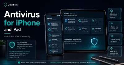 GuardPick hero image for antivirus on iPhone and iPad showing premium mobile devices with iOS sandboxing, VPN, Safe Browsing, breach alerts, and privacy check cards