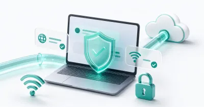 Remote work security layers illustration with laptop, Wi-Fi arcs, shield, and protection cards