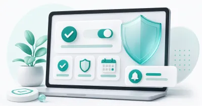Simple antivirus setup illustration with large Windows laptop controls and renewal reminder cards