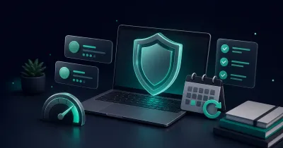 Student antivirus budget illustration with laptop, shield, and checklist cards