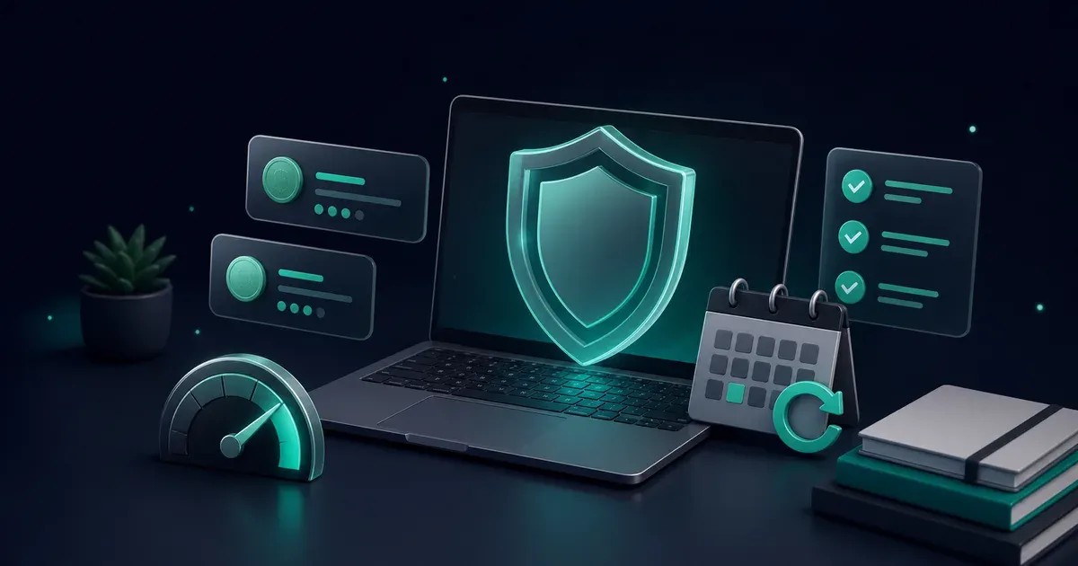 Student antivirus budget illustration with laptop, shield, and checklist cards