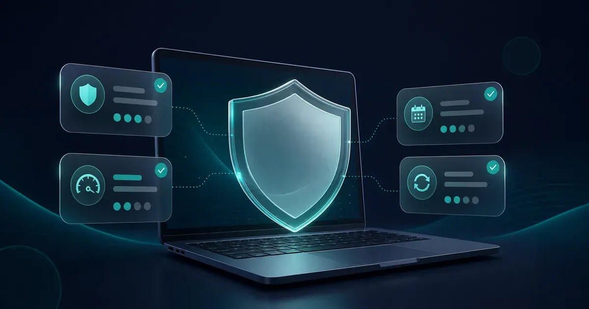 Layered Windows antivirus protection illustration with laptop, shield, and security cards