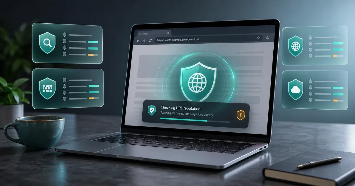 Premium GuardPick hero showing a generic browser URL reputation check, web protection shield, and comparison cards without vendor logos