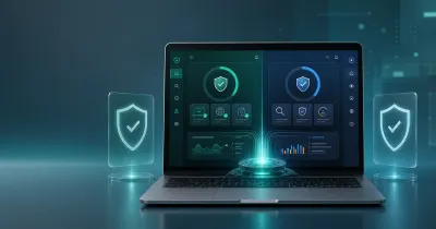 Generic laptop showing two balanced antivirus dashboards connected to one shared protection core