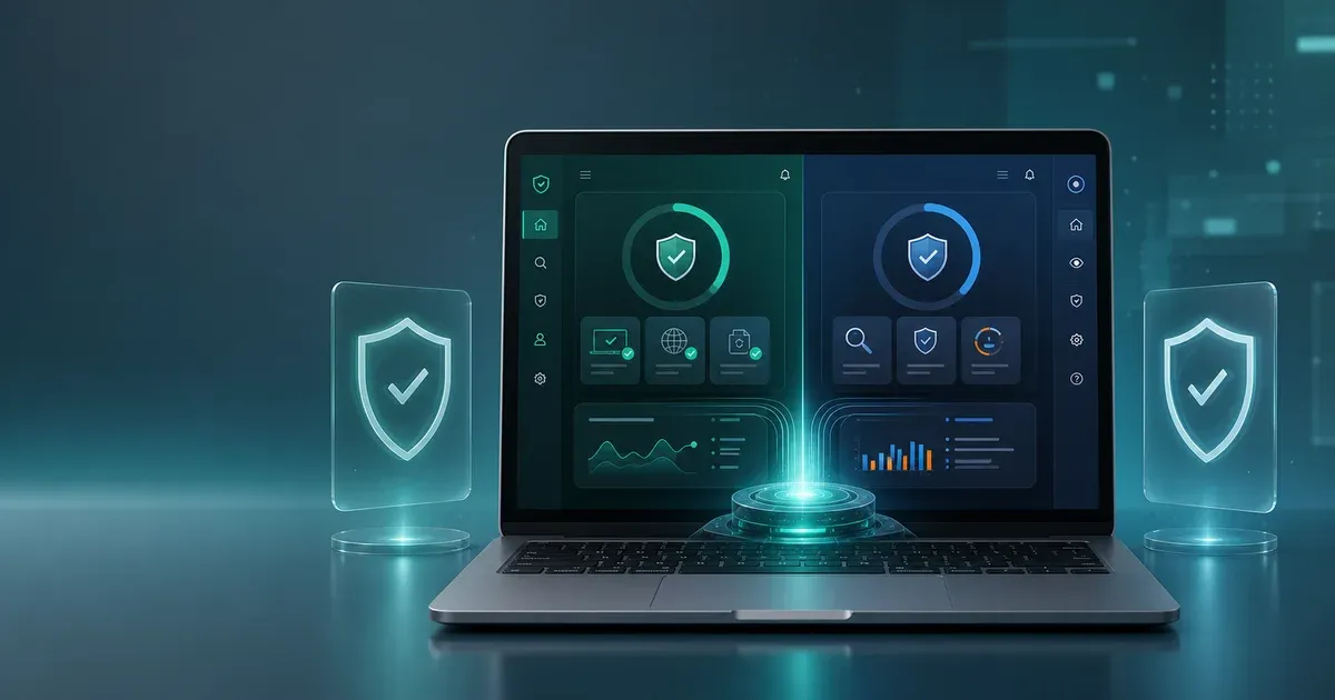 Generic laptop showing two balanced antivirus dashboards connected to one shared protection core