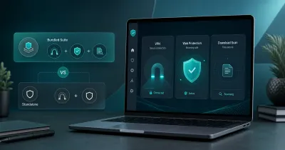 Premium GuardPick hero comparing a bundled antivirus suite with a standalone VPN setup, showing a generic laptop security dashboard with VPN, web protection, and download scan cards