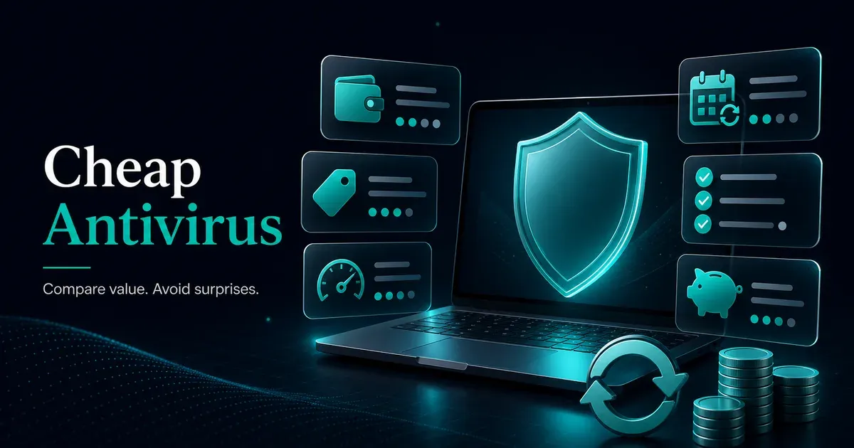 Premium GuardPick cheap antivirus hero with laptop, shield, value cards, renewal icon, and budget symbols