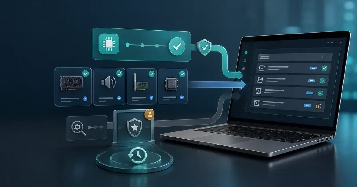 Generic laptop receiving reviewed driver updates from official hardware and fallback sources