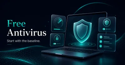 Premium GuardPick free antivirus hero with laptop, shield, baseline scan, privacy lock, and checklist cards