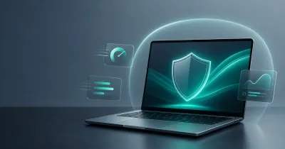 Generic laptop with a teal shield and abstract performance panels representing lightweight antivirus software