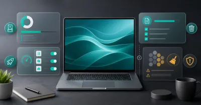 Generic laptop surrounded by storage cleanup, startup controls, temporary-file, and registry-caution panels