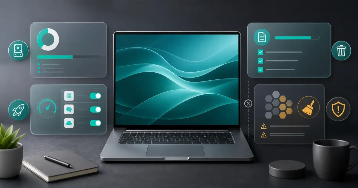 Generic laptop surrounded by storage cleanup, startup controls, temporary-file, and registry-caution panels