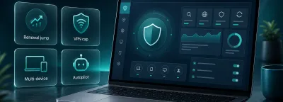 Premium GuardPick hero image for Bitdefender Total Security review showing a generic security dashboard with renewal, VPN cap, multi-device, and Autopilot feature cards.