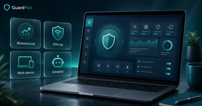 Premium GuardPick hero image for Bitdefender Total Security review showing a generic security dashboard with renewal, VPN cap, multi-device, and Autopilot feature cards.