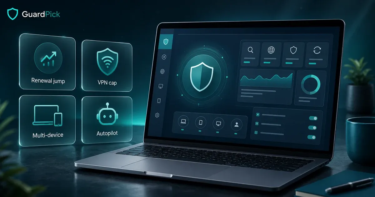 Premium GuardPick hero image for Bitdefender Total Security review showing a generic security dashboard with renewal, VPN cap, multi-device, and Autopilot feature cards.