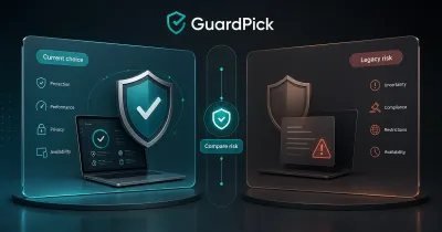 Premium GuardPick comparison hero showing a current security choice panel beside a legacy risk panel for Bitdefender vs Kaspersky.