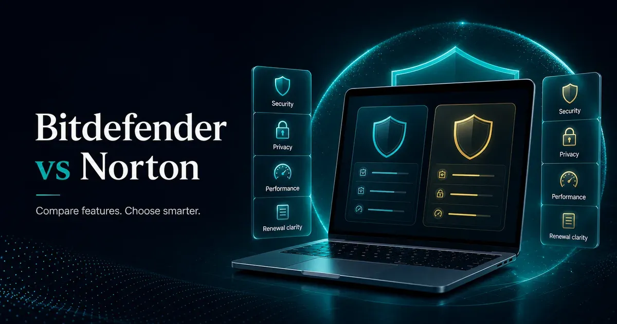 Premium GuardPick comparison hero for Bitdefender vs Norton with laptop, shield, and neutral feature comparison cards