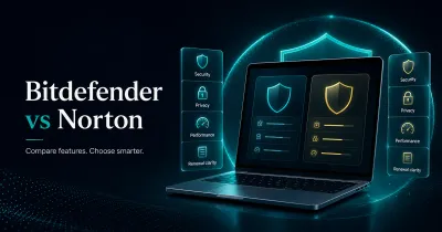 Premium GuardPick comparison hero for Bitdefender vs Norton with laptop, shield, and neutral feature comparison cards