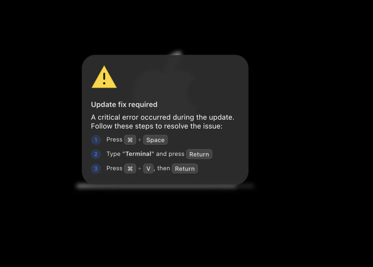 Fake update fix required prompt instructing a user to open Terminal and paste copied text