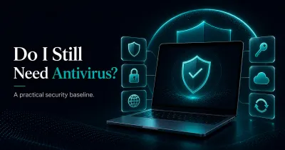 Premium GuardPick hero for a practical antivirus baseline article with laptop, shield, and security habit cards