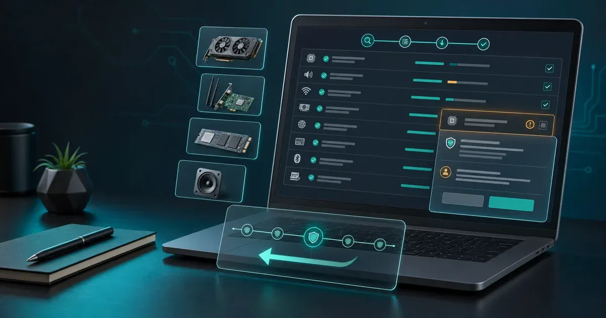 Generic driver updater dashboard with hardware cards, a review panel, and rollback controls
