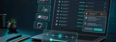 Generic driver updater dashboard with hardware cards, a review panel, and rollback controls