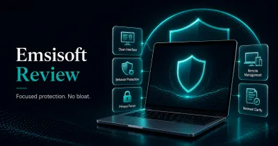 Premium GuardPick review hero for Emsisoft with laptop, shield, clean interface, behavior protection, privacy, and renewal clarity cards