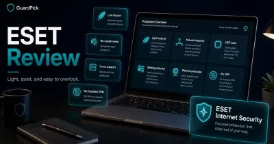 GuardPick hero image for ESET Internet Security Review showing a premium laptop with lightweight security, network inspector, UEFI scan, banking protection, and no bundled VPN feature cards