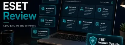 GuardPick hero image for ESET Internet Security Review showing a premium laptop with lightweight security, network inspector, UEFI scan, banking protection, and no bundled VPN feature cards