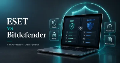 Premium GuardPick comparison hero showing ESET and Bitdefender as two clean security option panels on a laptop interface.