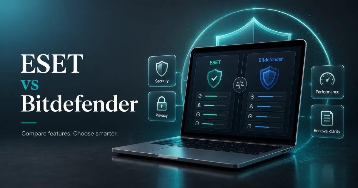 Premium GuardPick comparison hero showing ESET and Bitdefender as two clean security option panels on a laptop interface.