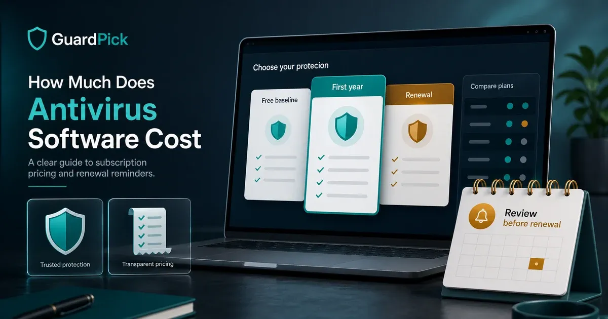 Premium GuardPick pricing hero showing antivirus subscription cards, renewal reminder, and transparent pricing dashboard.