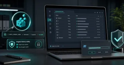 Premium GuardPick hero showing a generic RunMRU history viewer, registry breadcrumb, read-only safety card, and teal shield