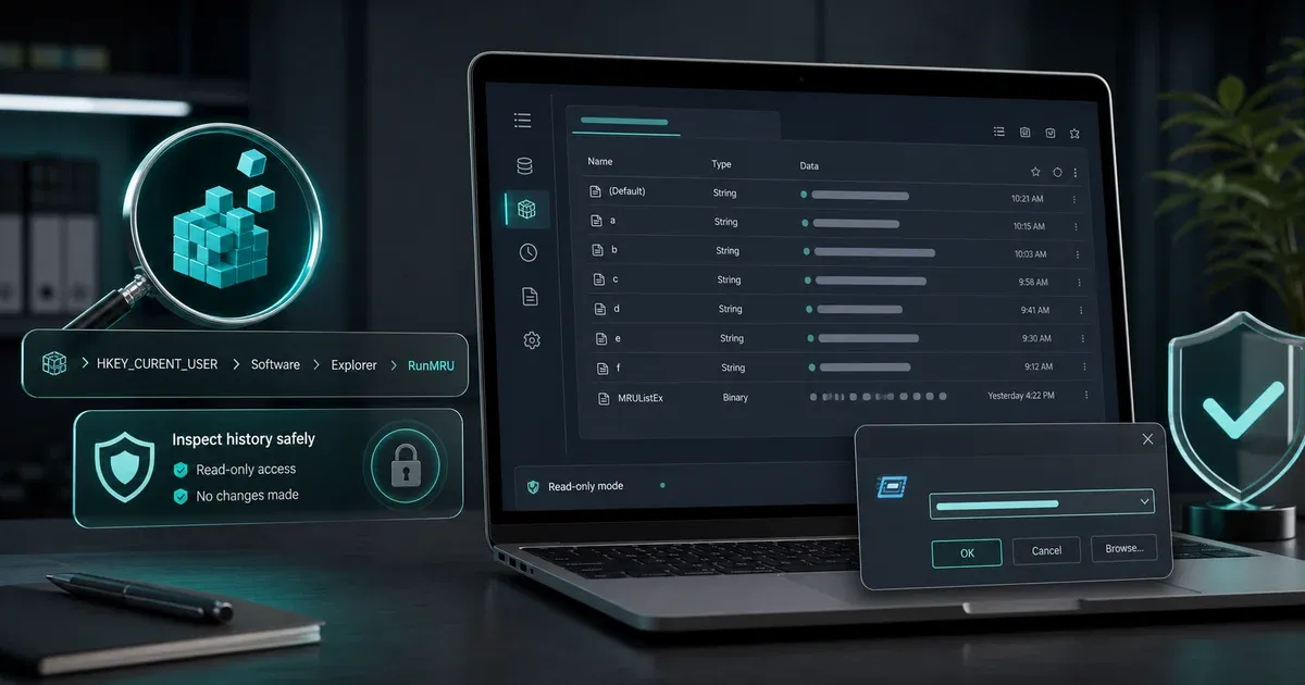 Premium GuardPick hero showing a generic RunMRU history viewer, registry breadcrumb, read-only safety card, and teal shield