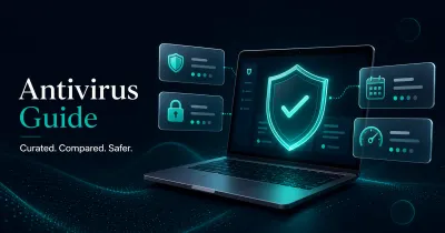 Premium GuardPick antivirus guide hero with laptop, shield, and floating privacy, renewal, and performance cards