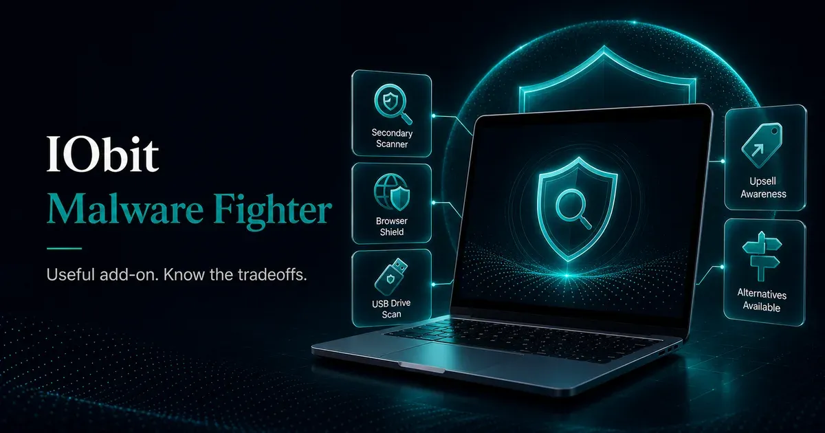 Premium GuardPick review hero for IObit Malware Fighter with laptop, shield, secondary scanner, browser shield, USB scan, and upsell awareness cards