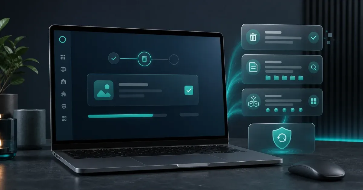 Generic laptop showing an uninstall workflow, leftover-file cleanup cards, and a restore-point shield