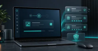 Generic laptop showing an uninstall workflow, leftover-file cleanup cards, and a restore-point shield