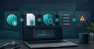 Software installer verification flow showing an official download, signature check, security scan, setup options, and warning review