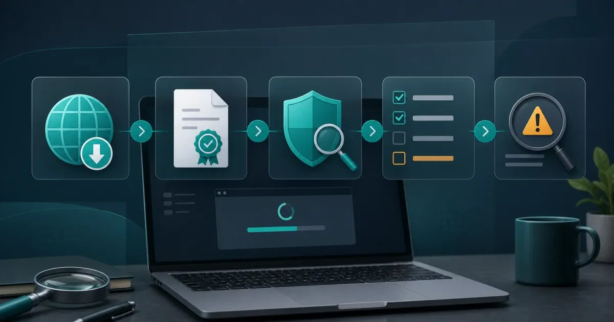Software installer verification flow showing an official download, signature check, security scan, setup options, and warning review
