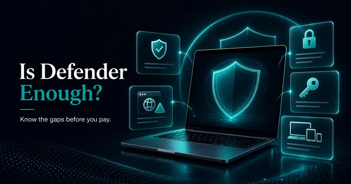 Premium GuardPick hero for a Windows Defender baseline article with laptop, shield, and security gap cards