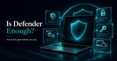 Premium GuardPick hero for a Windows Defender baseline article with laptop, shield, and security gap cards