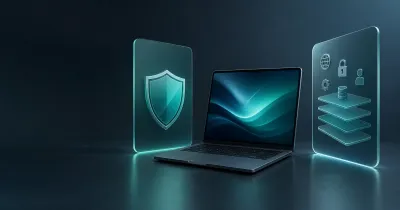 Generic laptop between a focused shield panel and a layered security-suite panel